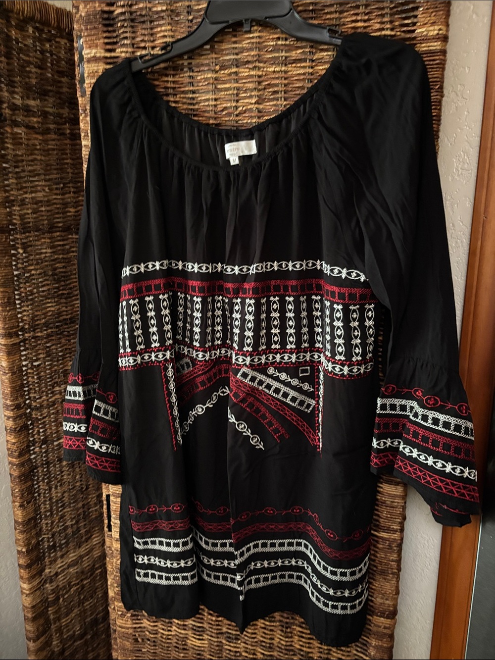 Boho Embroidered Black Peasant Top - Red & White Accents